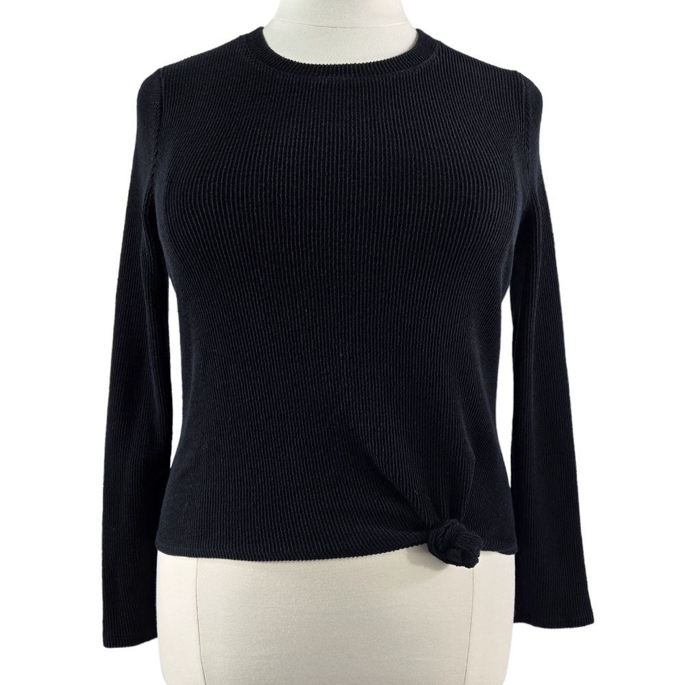 Madewell Black Texture & Thread Jacquard Knot-Front Top Ribbed Long Sleeve K4412